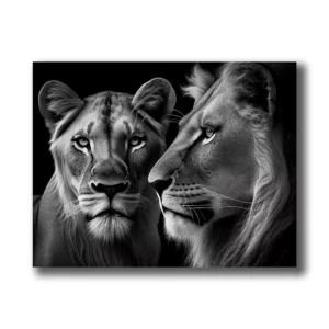 tableau lion et lionne noir et blanc de profil