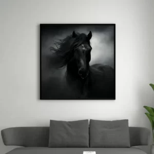 cheval noir sur fond gris