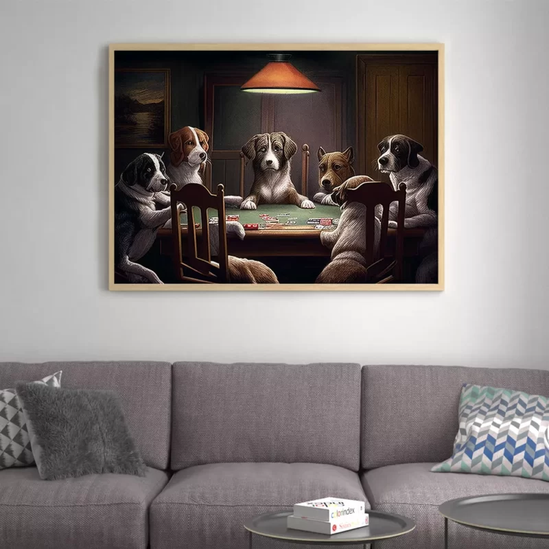 tableau de plusieurs chien qui jouent au poker ambiance sombre et tamisée