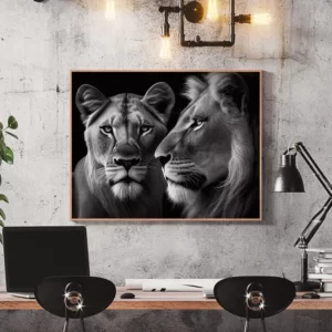 tableau lion et lionne noir et blanc