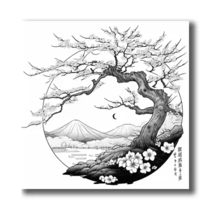 cerisier japonais au style graphique noir et blanc